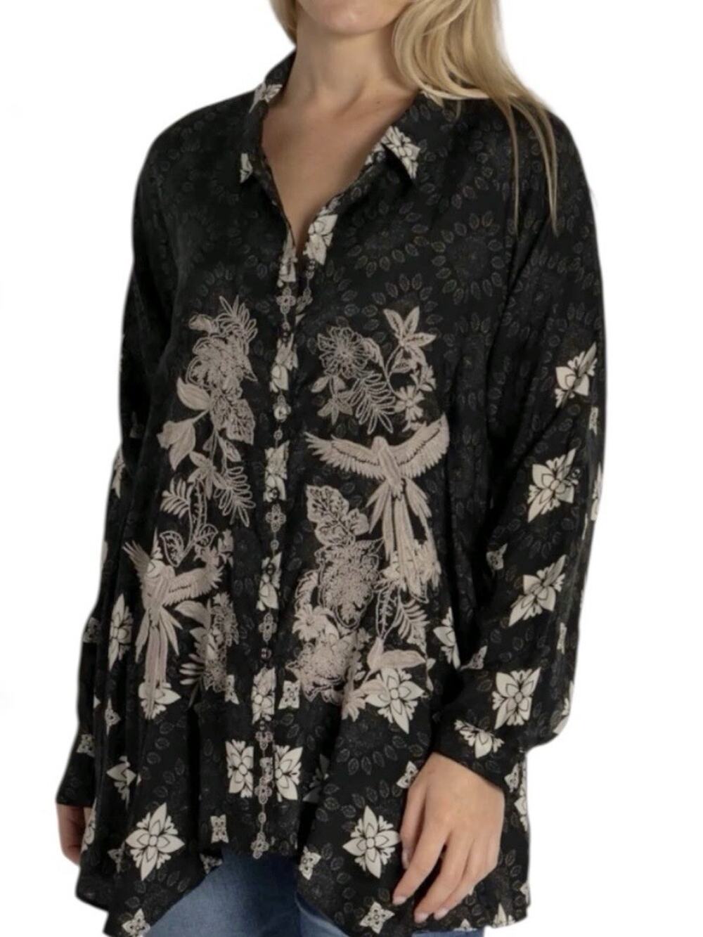 Johnny Was NWOT Gemi Myna Scarf Print Embroidered Tunic Button Down Blouse Sz S